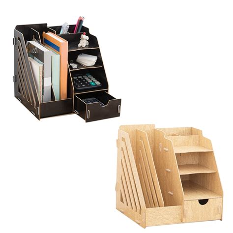 Wooden Desktop Organizer Bookshelf Storage Box With Drawer Folder Shelf