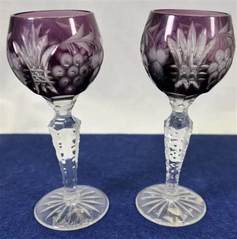 2 Ajka Purple Crystal Marsala Hock Wine Glass Goblets Cut To Clear