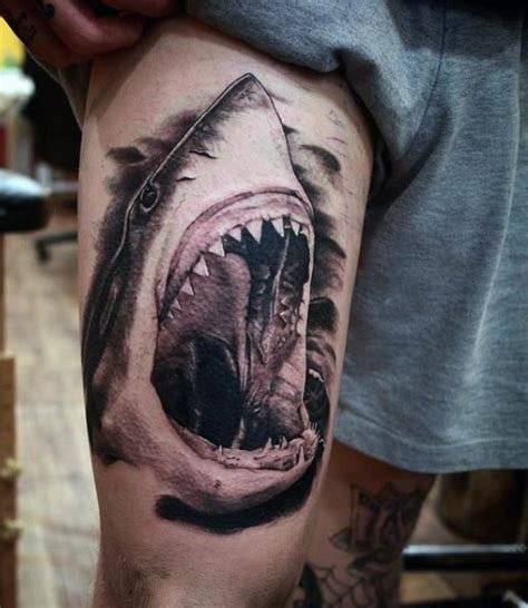 Maybe you would like to learn more about one of these? Stunning black ink very detailed thigh tattoo of shark ...