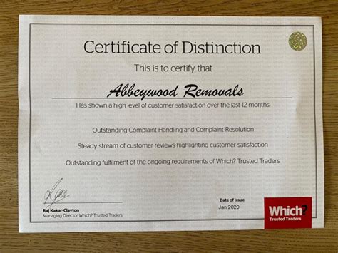 Certificate Of Distinction Jan 2020 Abbeywood Removals