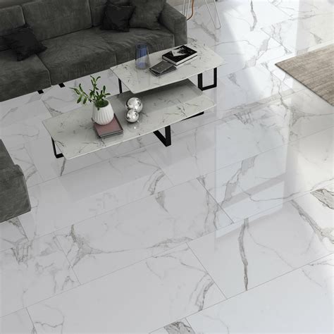 Carrara White Polished Marble Effect Porcelain Floor Tiles