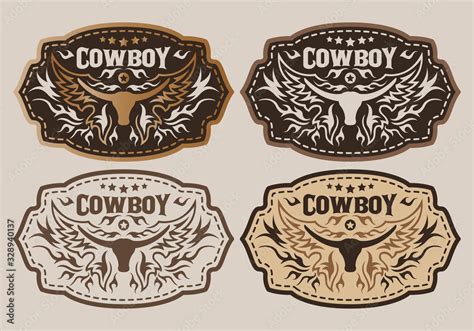 Western Style Cowboy Bull Belt Buckle Vector Set Design Stock Vector
