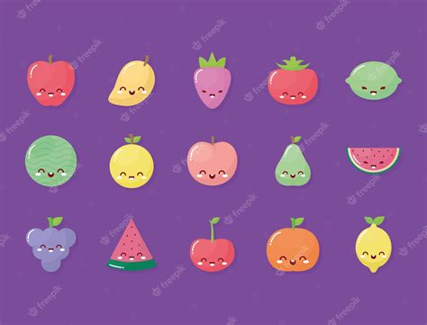 Grupo De Frutas Kawaii Con Una Sonrisa En Púrpura Diseño De