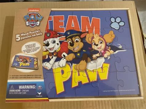 New Nickelodeon Paw Patrol 5 Wood Jigsaw Puzzles In Storage Box