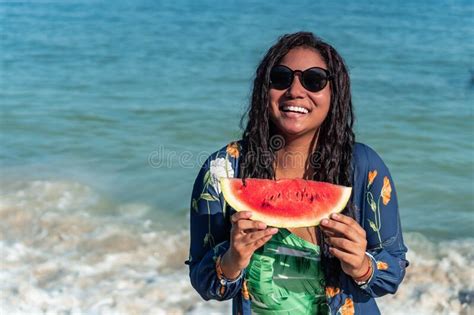 Woman Eating Watermelon On The Beach Stock Photo Image Of Beach