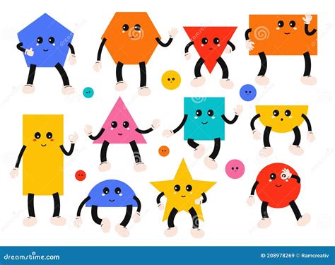 Set Of Geometric Shapes Cute Comic Characters With Face Emotions Funny