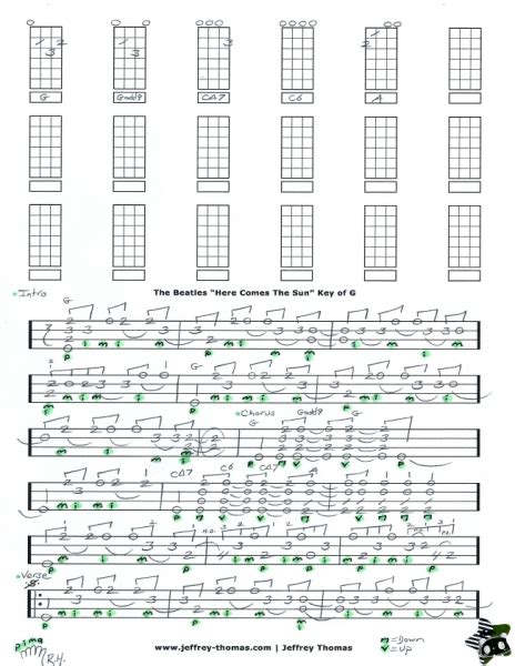 To do this we have to combine strumming with single note picking. Here Comes The Sun Ukulele Tab by Jeffrey Thomas