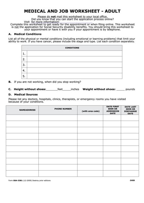 Form Ssa 3381 Medical And Job Worksheet Adult Printable Pdf Download