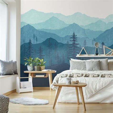 Mountain Wallpaper Woodland Wallpaper Forest Tree Blue Etsy