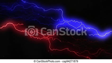 Red And Blue Lightning Bolts Of Electrical Current Moving Wildly Across