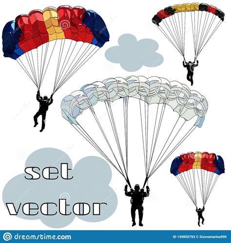 Set Of Vector Images Of Black Contour Figures Of Parachutists On Multi