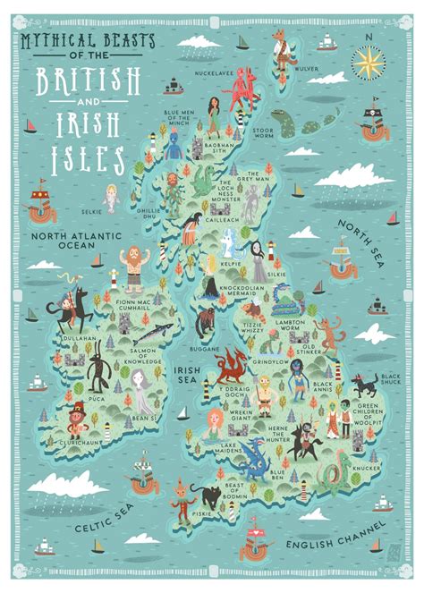 Illustrated Map Mythical Beasts Of The British And Irish Etsy