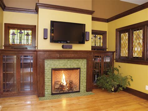 Arts And Crafts Tile Fireplace Showcase Traditional Living Room