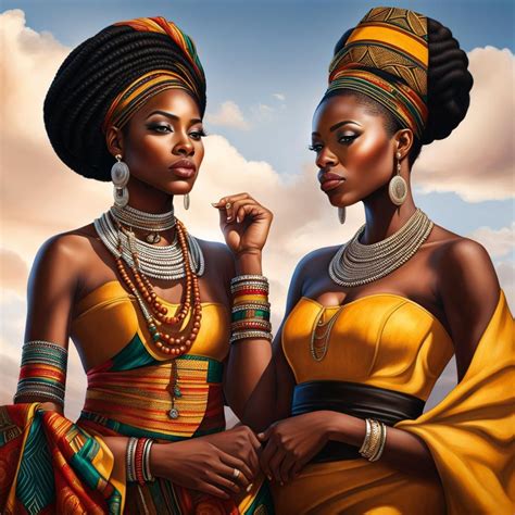 hyperrealistic portrait of a beautiful black lesbian couple wearing traditional african attire
