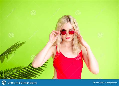 portrait of beautiful blonde girl in sunglasses and red swimsuit stock image image of model