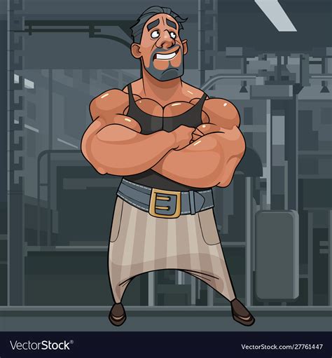 Cartoon Muscle Man Bodybuilder Stands And Dreams Vector Image