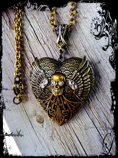 Large Gothic Locket Pendant Skull Wings Heart Crystals Etsy Gothic