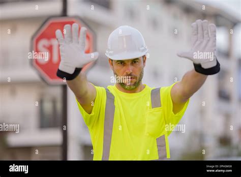 Worker With Stop Road Sign Builder With Stop Gesture No Hand