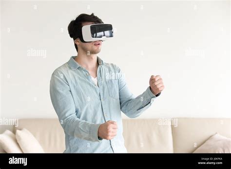 Male Gamer Wearing Vr Glasses Playing Virtual Reality Mobile Ga Stock