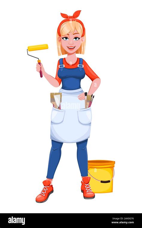 Painter Woman With Roller Beautiful Lady Painter Cartoon Character