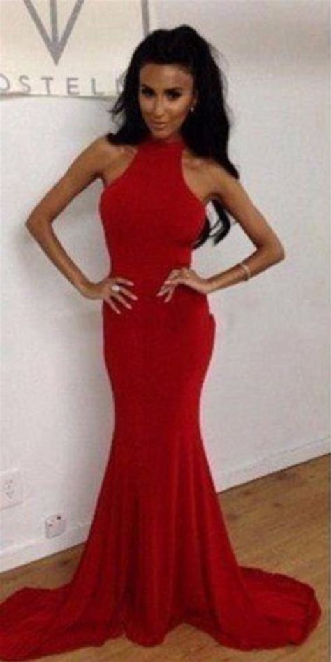 Elegant Mermaid Prom Gwon High Neck Backless Sexy Red Long Prom Dresses