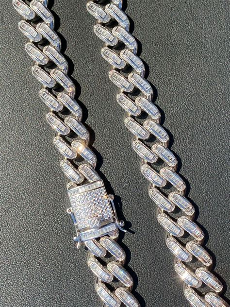 Solid 925 Sterling Silver 12mm Baguette Diamond Miami Cuban Link Chain
