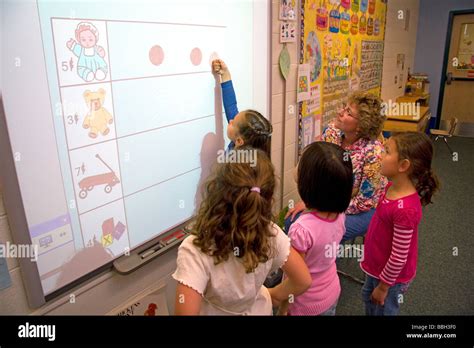 Kindergarten Students Use An Interactive Whiteboard In The Classroom