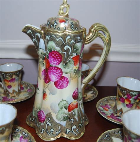 Antique Nippon Hand Painted Chocolate Pot Set Gorgeous Raspberries Gold