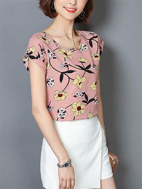 Floral Printed Chiffon Round Neck Blouse With Images Round Neck