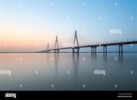 Three Towers Of Cable Stayed Bridge Stock Photo Alamy