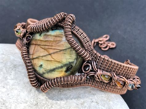 Wire Wrapped And Woven Antiqued Copper Bracelet Labradorite Channel