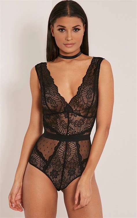 black lace bodysuit featuring ultra sheer and effortlessly sexy lace fabric this plunge front b