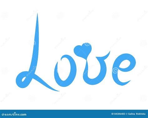 Handwriting Lettering Blue Word `love` Romantic Style With Heart