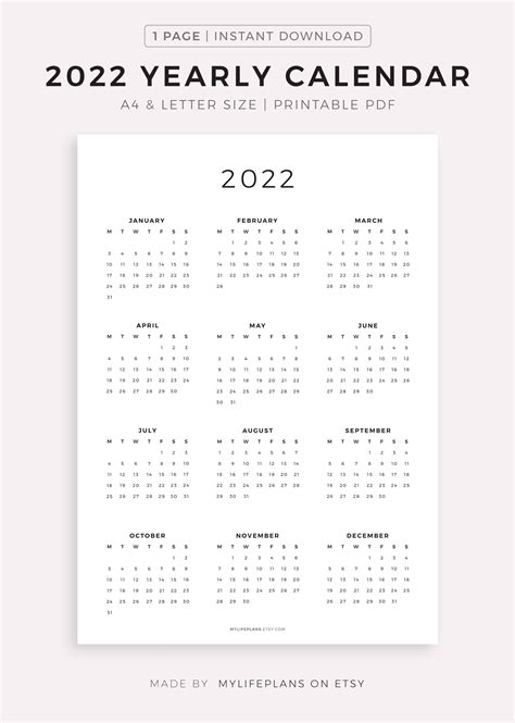 2022 Year Calendar Printable Yearly Wall Calendar Desk Etsy Australia