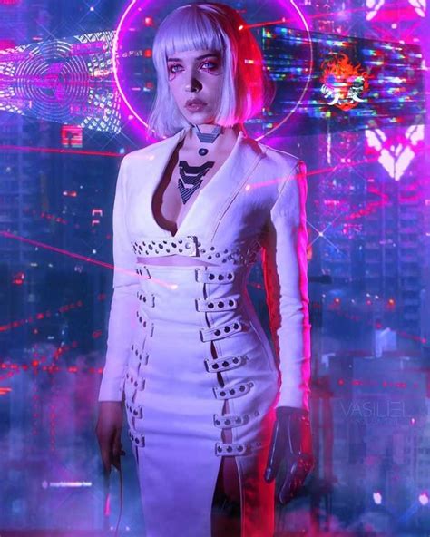 Night City Neon Girl Cyber Punk 2077 White Leather Coat