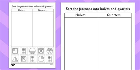 Halves And Quarters Sorting Worksheet Sorting Activities Fractions