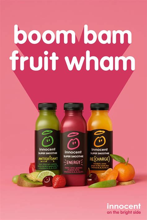 Three Bottles Of Juice With The Words Boom Bam Fruit Wham On Its Side