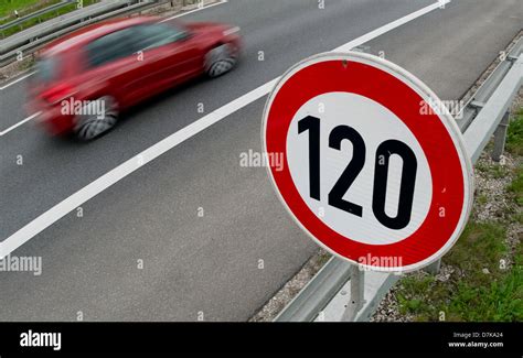 A Traffic Sign Displays A Speed Limit Of 120 Kmh On The Highway A37