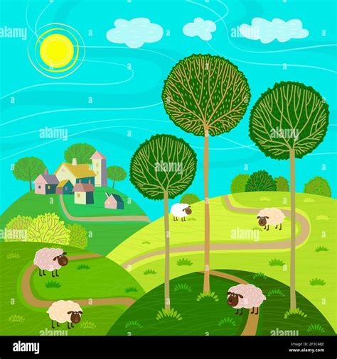 Vector Flat Landscape With Houses Trees And Sheeps Beautiful
