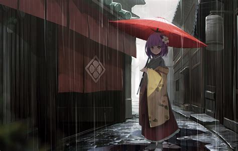 Wallpaper Girl Rain Dress Umbrella Anime Street