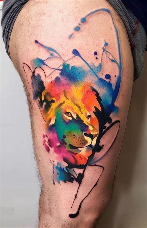 Watercolor Lion Leg Tattoo Tattoogoto