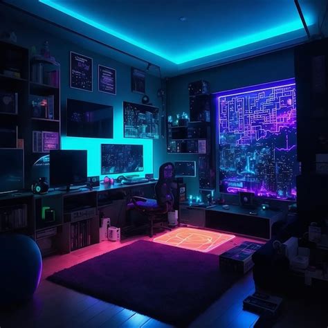 Premium Ai Image Detailed Gamer Room With Neon Lights