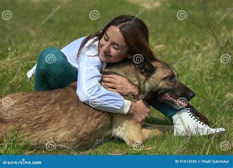 Girl And A Dog Hugs Stock Image Image Of Friend Master 91613335