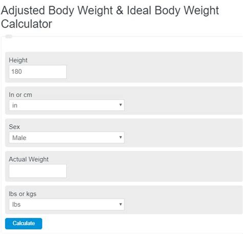 Ideal body weight or ibw is the expected or desired weight of the human body corresponding to the height. Adjusted Body Weight Calculator - Calculator Academy