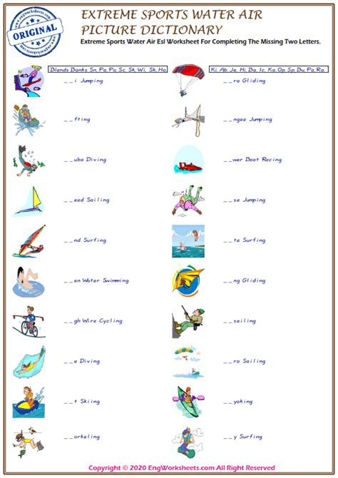 Extreme Sports Water Air Printable English Esl Vocabulary Worksheets