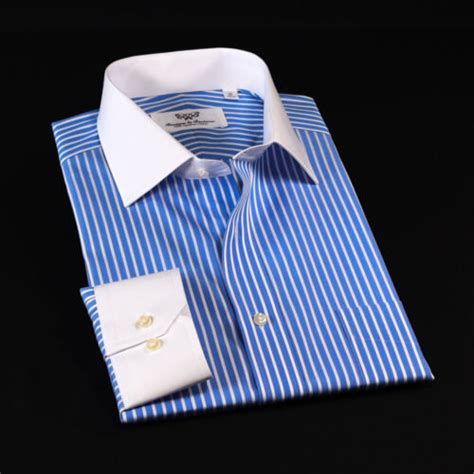 Blue Stripe White Collar And Cuff Formal Dress Shirt Luxury Fashion Standard Cuff Ebay