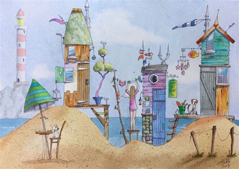 Watercolour Painting Beach Huts Whimsical Art Art For Art Sake Beach Watercolor