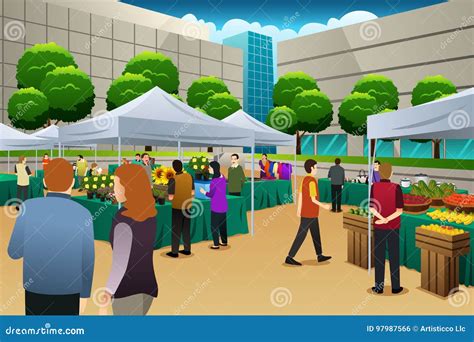 People Shopping In Farmers Market Stock Vector Illustration Of