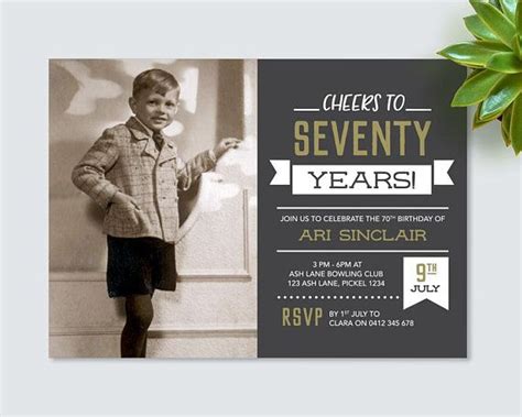 From their favorite photos, to fun 70th birthday party decorations, to themed tributes from loved ones: Cheers to 70 years! Mens 70th Birthday Invitation - for ...