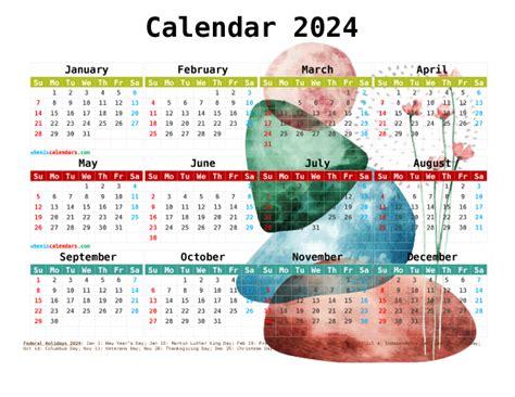 12 Free Printable 2024 Calendar With Holidays Watercolor Premium